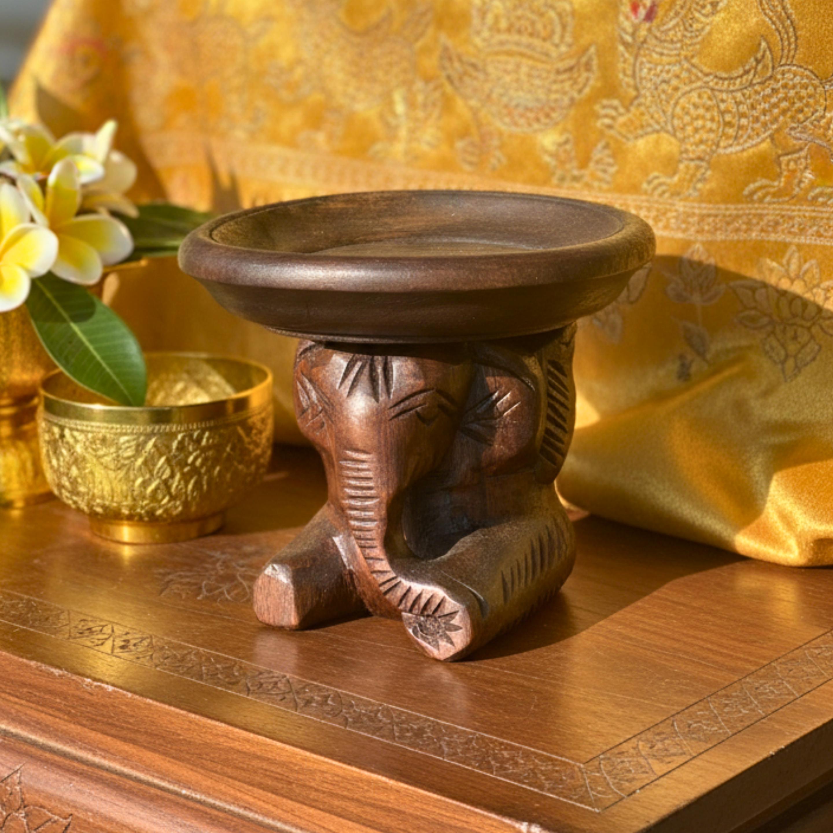Hand Carved Elephant Pedestal Dish: Wood Soap Holder Spa Accessory