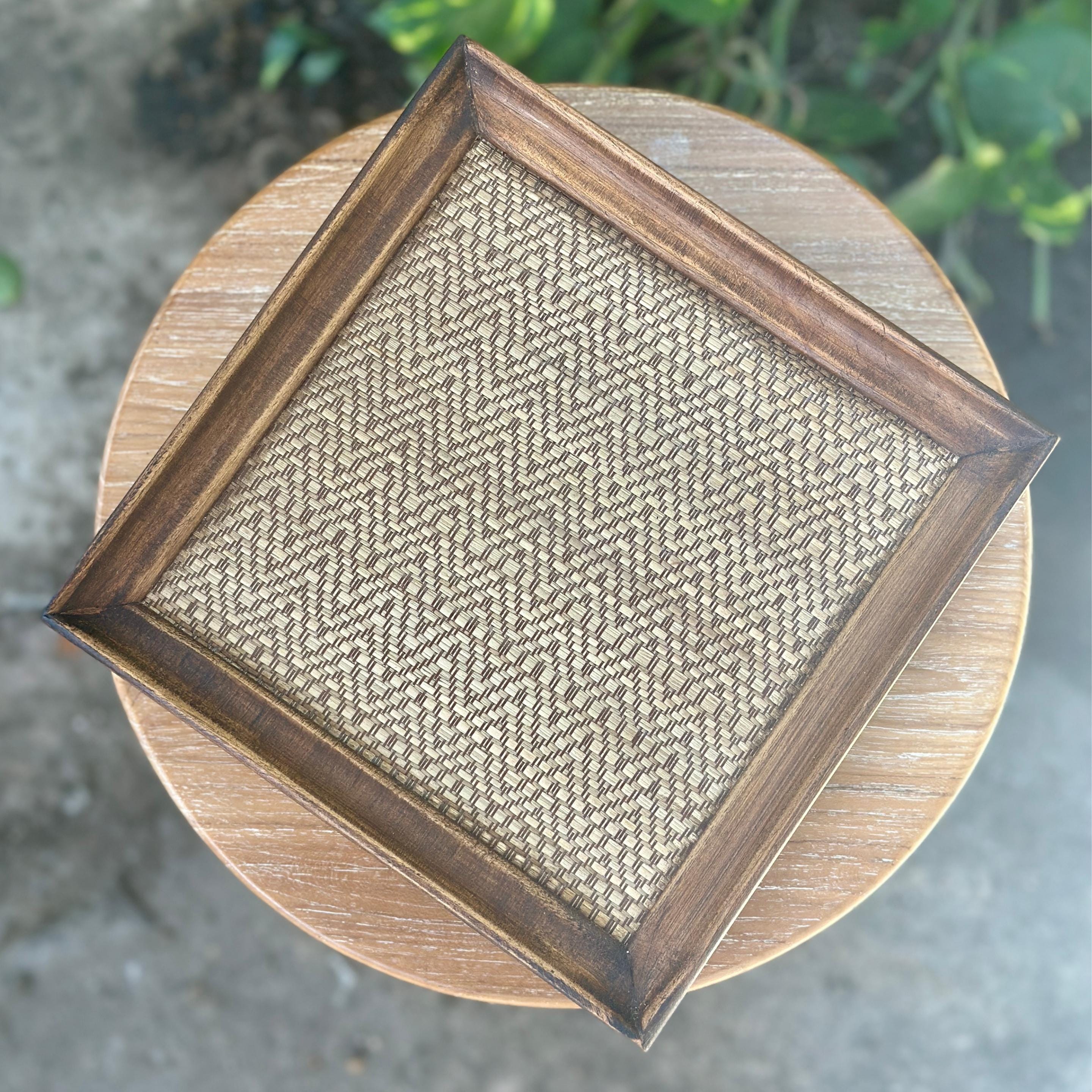 Handcrafted Hardwood Serving Tray: Bamboo Woven Riser for Tea & Teaware, Square