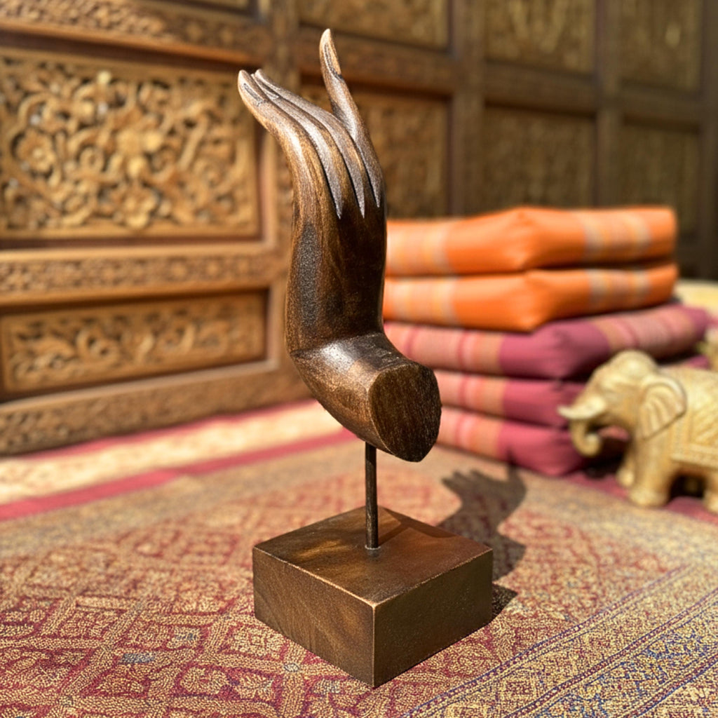 Wooden sculpture on a stand with a decorative background