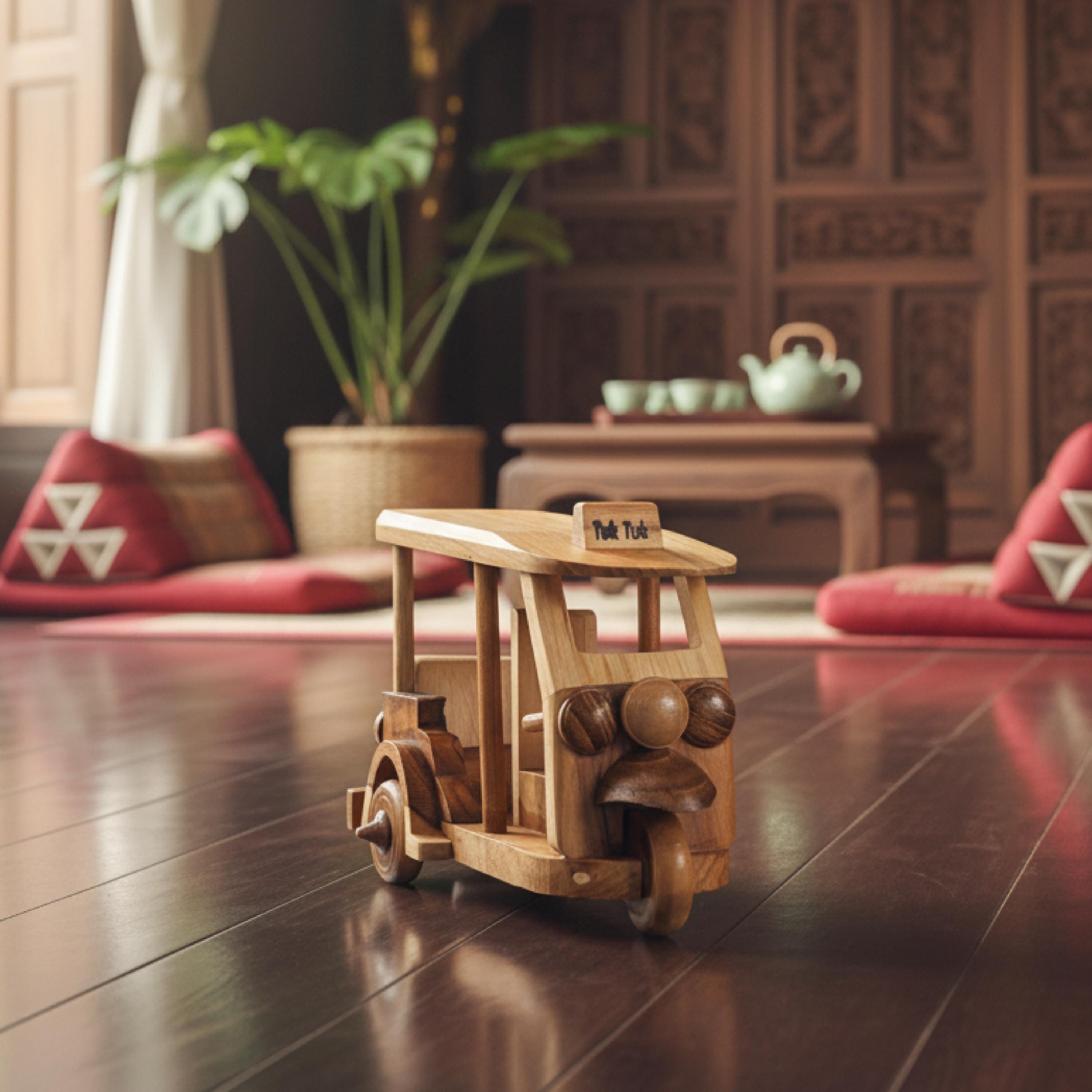 Miniature Wooden Tuk Tuk: Hand-Carved Thai Decor