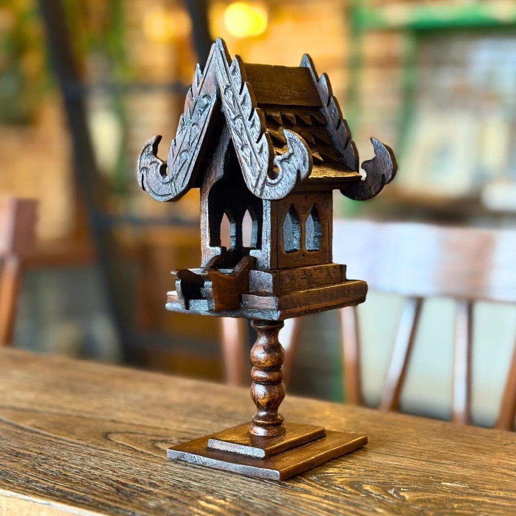 Hand Carved Teak Wood Spirit House Shrine on Pedestal: Thai Altar Decor