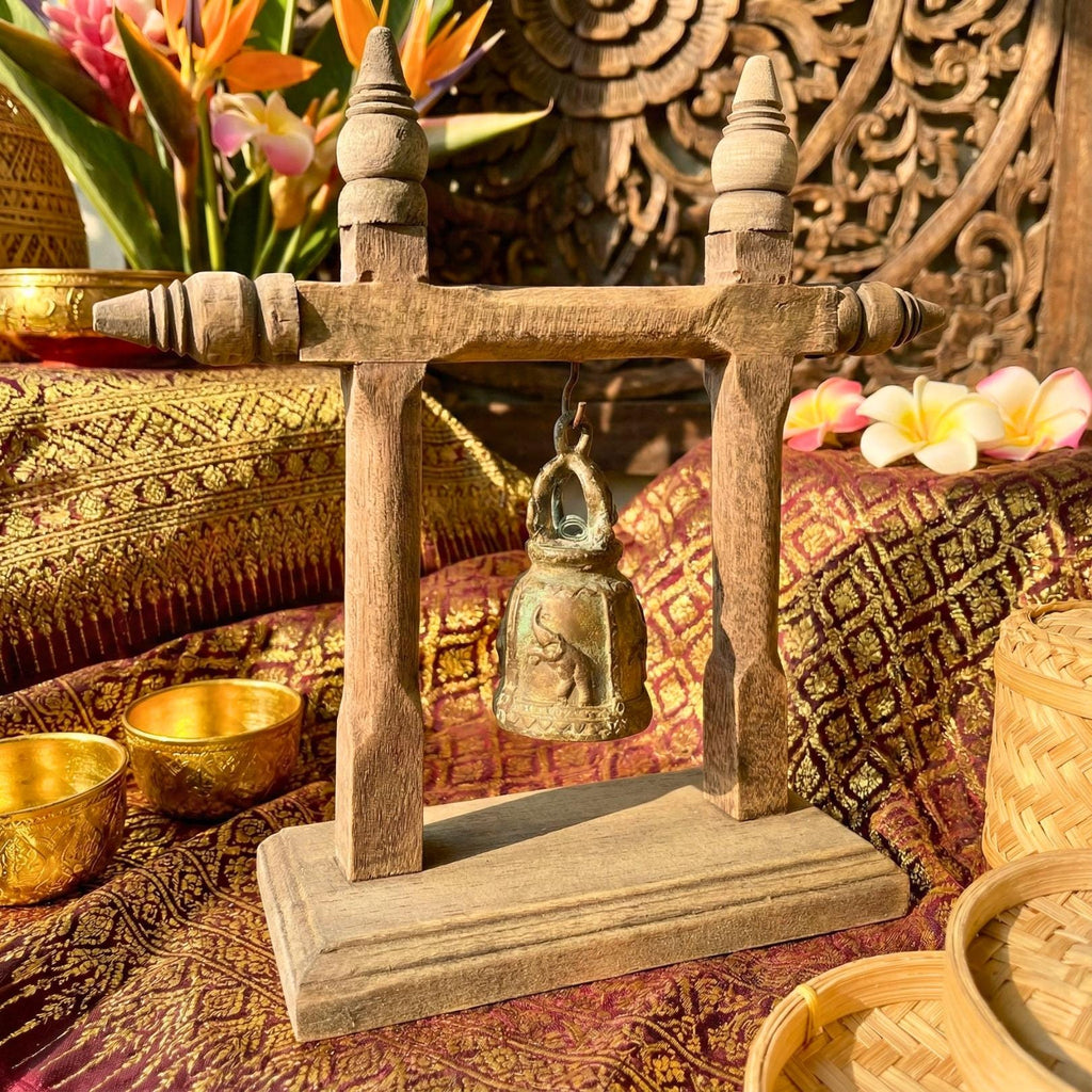 Handcrafted Wood Temple Bell on Stand: Rustic Meditation Decor