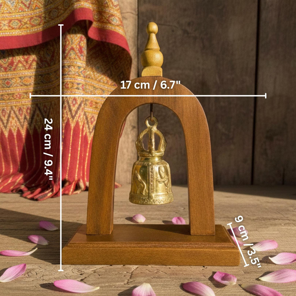 Handcrafted Wood Arch Bell Stand: Golden Temple Bell Meditation Decor