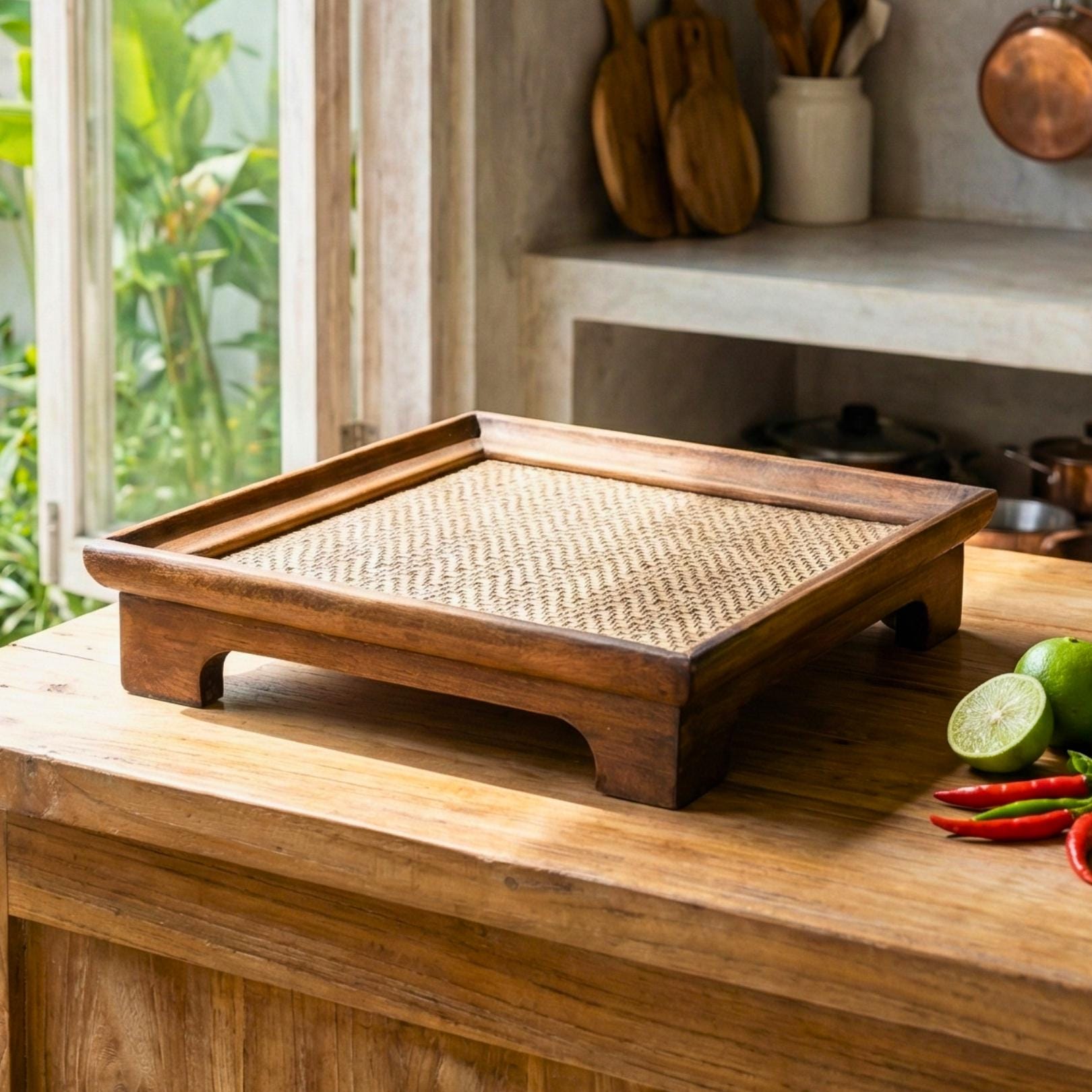 Handcrafted Hardwood Serving Tray: Bamboo Woven Riser for Tea & Teaware, Square