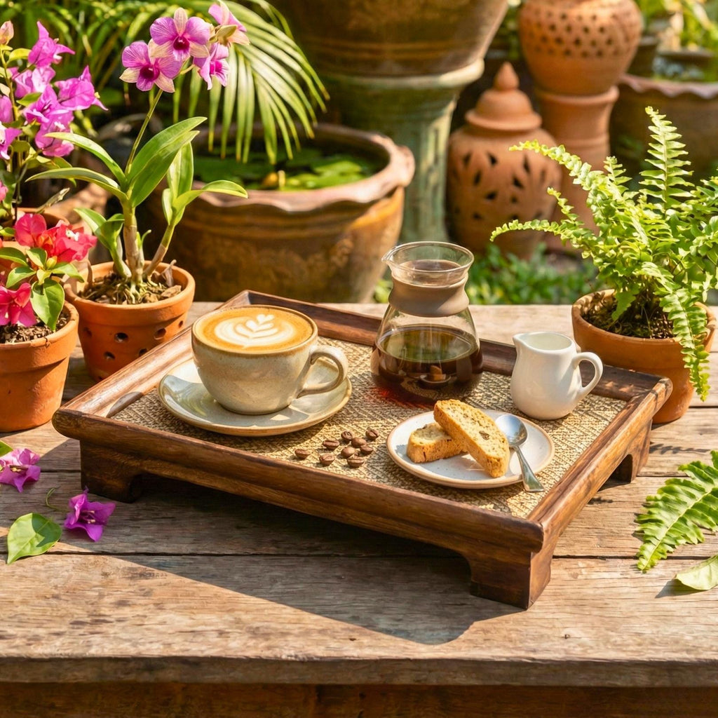 Handcrafted Hardwood Serving Tray: Woven Rattan Elevated Riser for Serving & Tea Set Display