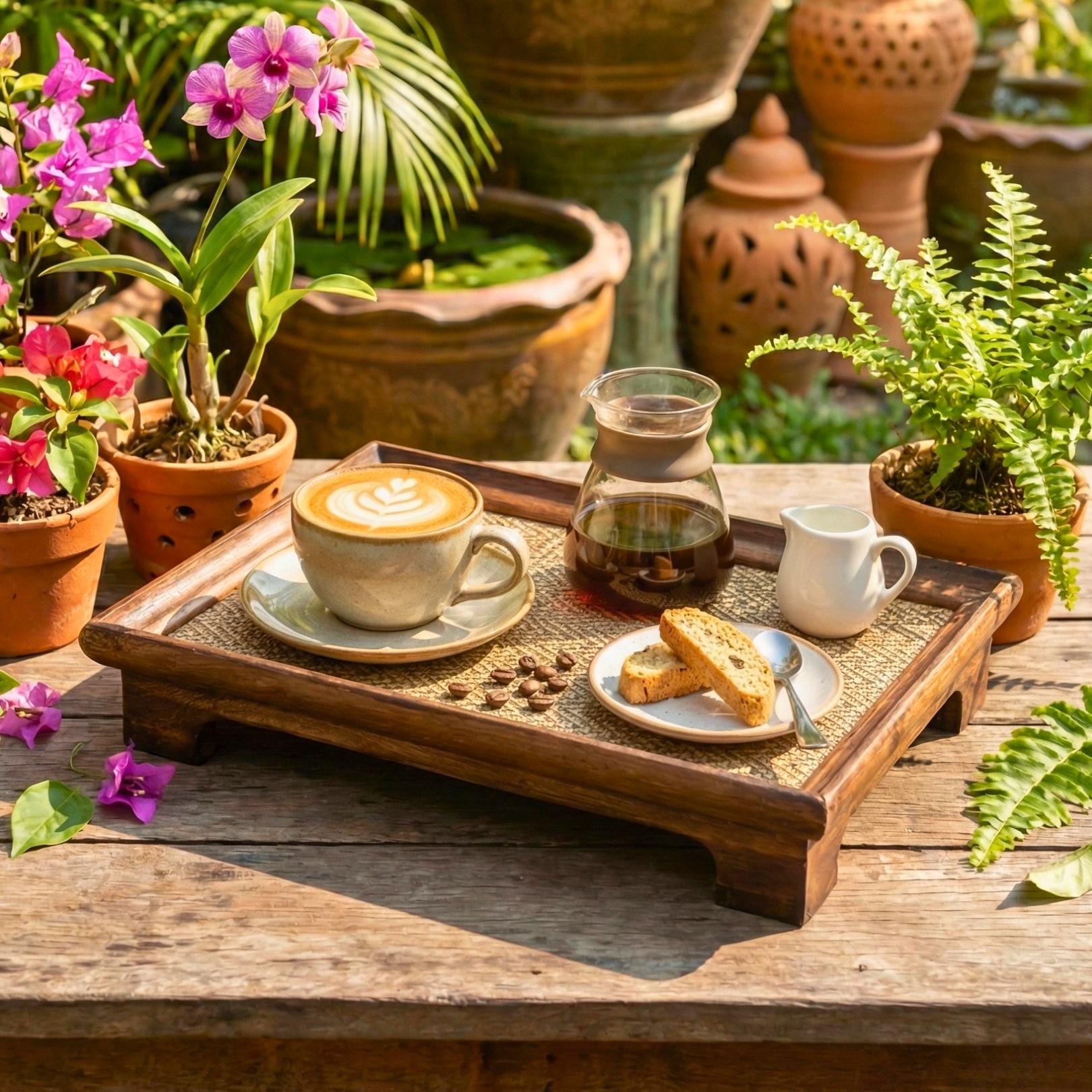 Handcrafted Hardwood Serving Tray: Woven Rattan Elevated Riser for Serving & Tea Set Display