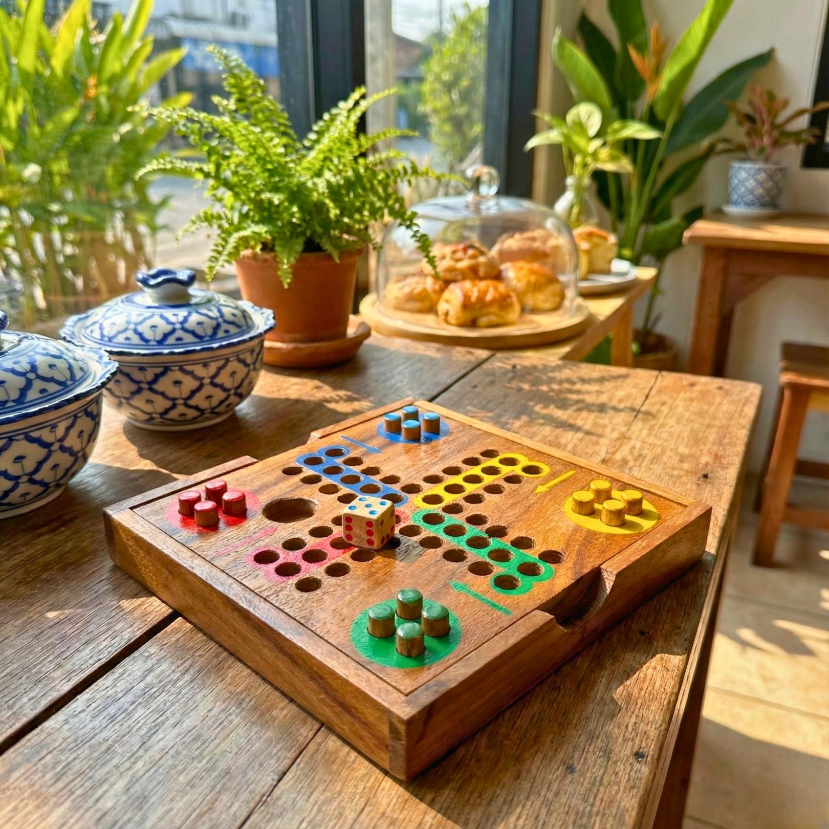 Hand Carved Wood Ludo Game Set: Rustic Portable Board Game Toy