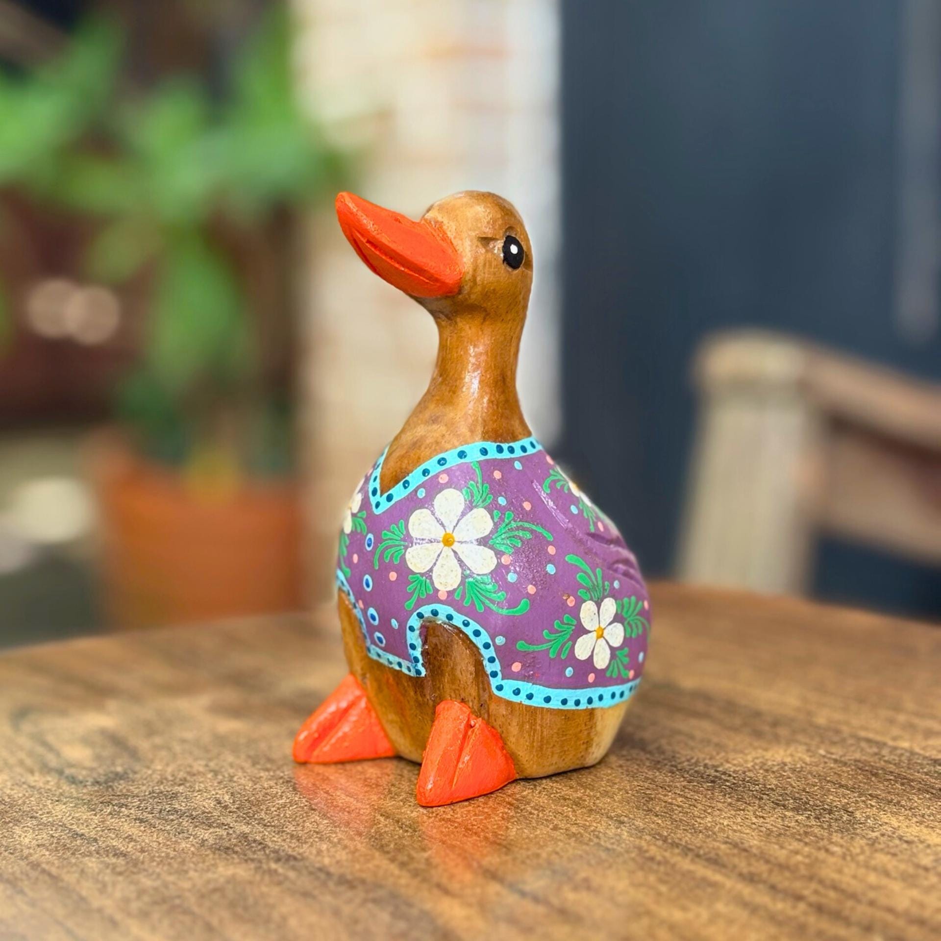 Hand Painted Wooden Duck Figurine: Thai Folk Art, Boho Home Decor