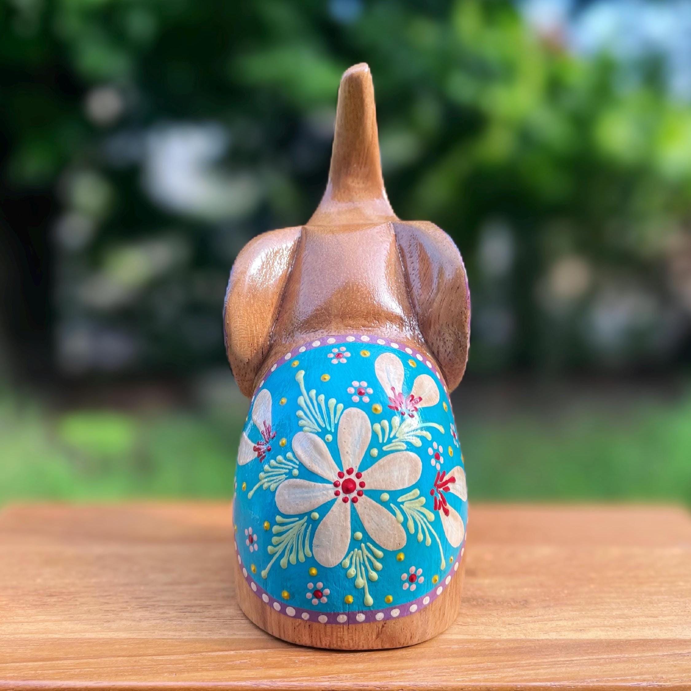 Hand Carved Wood Elephant: Thai Folk Art Lotus Sculpture