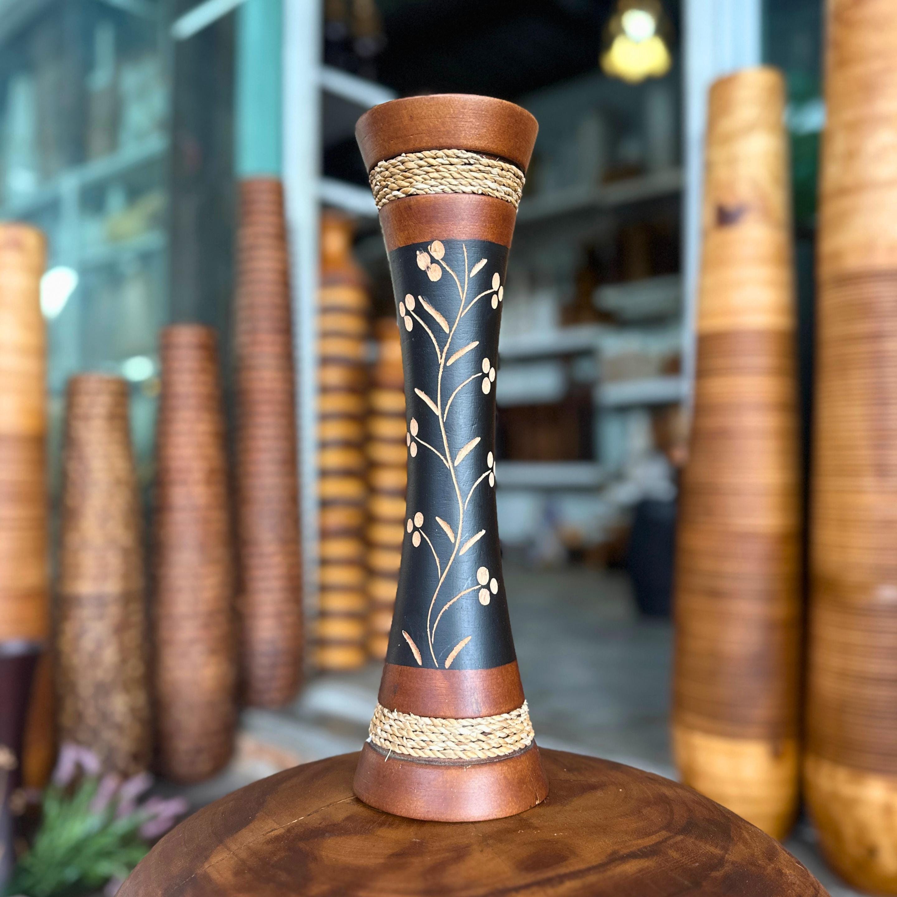 Hand Carved Wooden Floor Vase: Tall Thai Rustic Boho Entryway Accent Decor