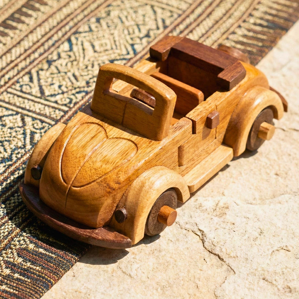Hand Carved Wood Model Beetle Car: Vintage Automobile Desk Decor
