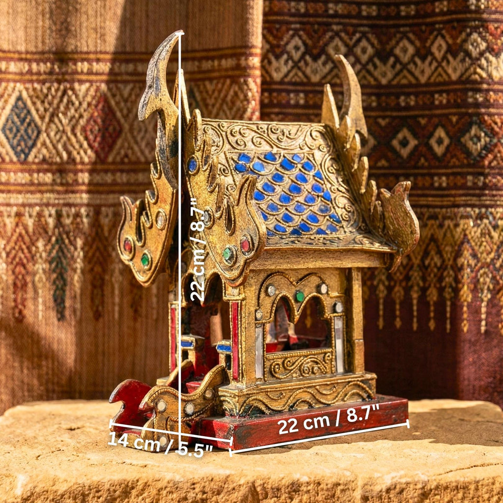 Hand Painted Thai Teak Wood Spirit House: Traditional Temple Shrine, Folk Art