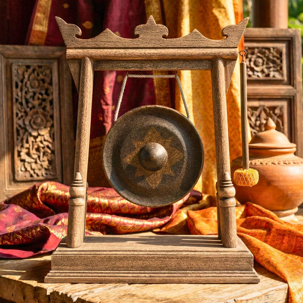 Hand Carved Wood Gong with Traditional Thai Motifs: Authentic Antique Altar Decor