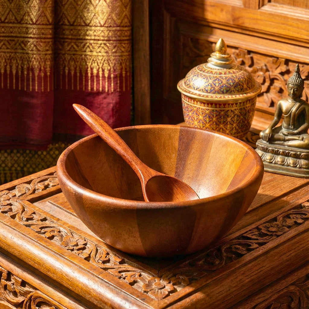 Hand Carved Acacia Wood Bowl & Spoon Set: Rustic Cereal and Soup Bowl