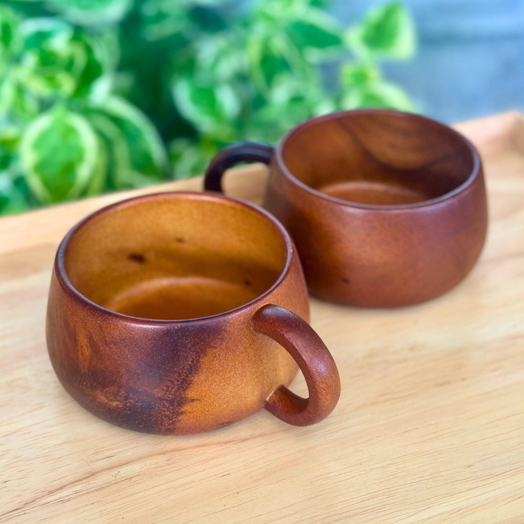 Hand Carved Wooden Coffee Mug Set: Two Teak Wood Tea Cups