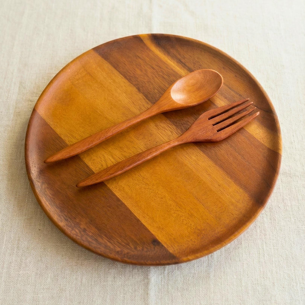 Hand Carved Upcycled Teak Wood Dinnerware Set: Rustic Plate, Fork & Spoon Trio
