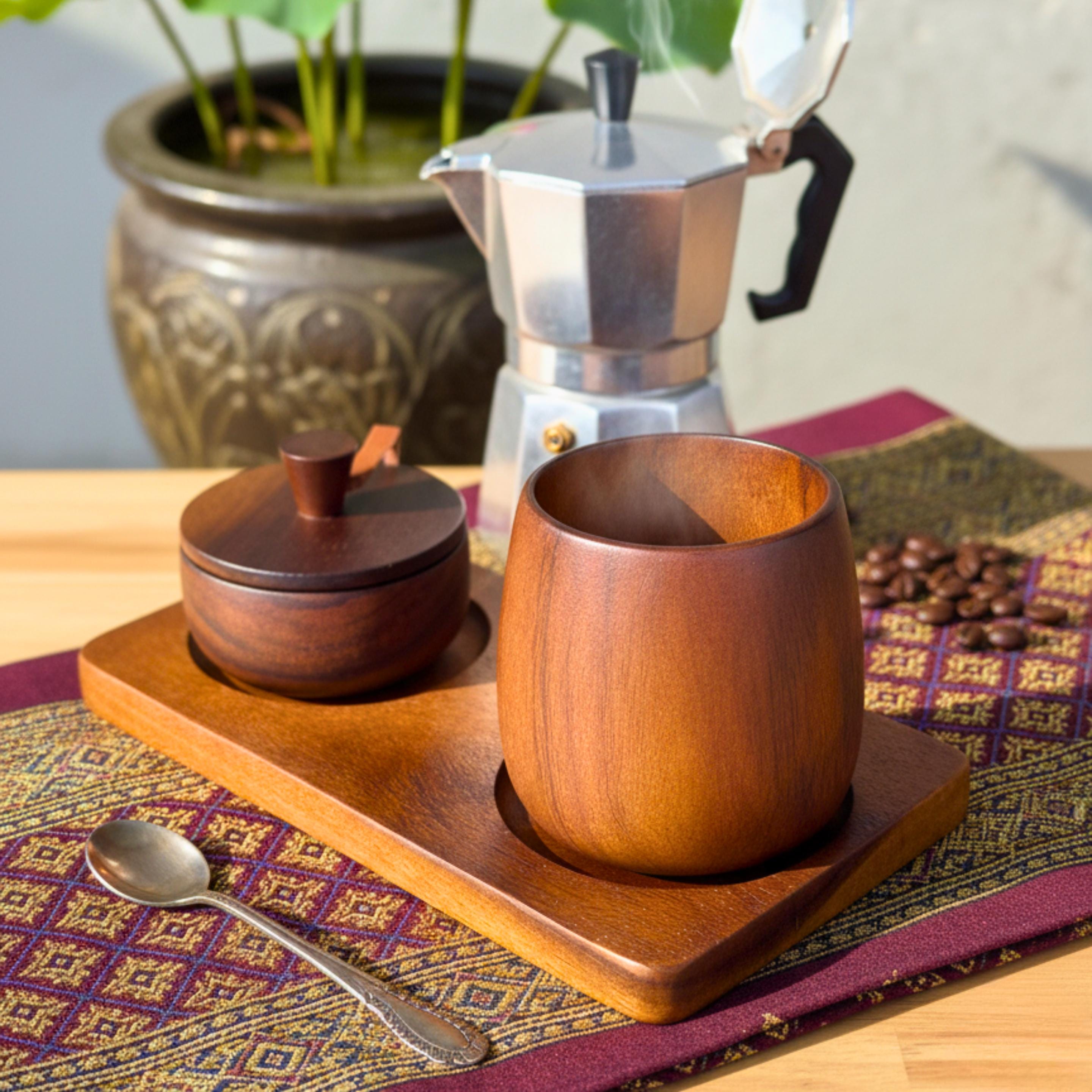 Hand Carved Wood Sugar Bowl & Tumbler Set: Coffee Bar Serving Tray