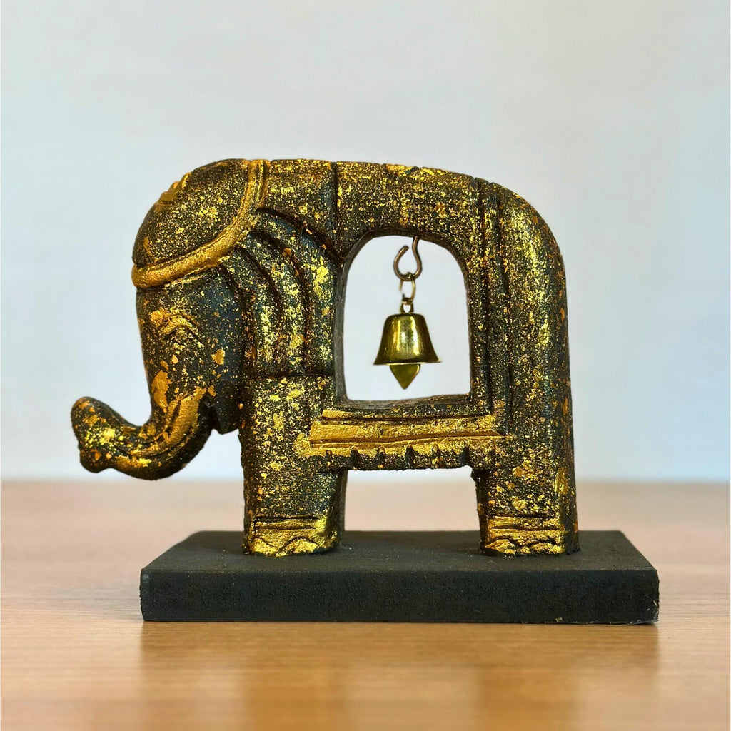 Handcarved Elephant with Bell: Wood Brass Figurine Symbolic Decor