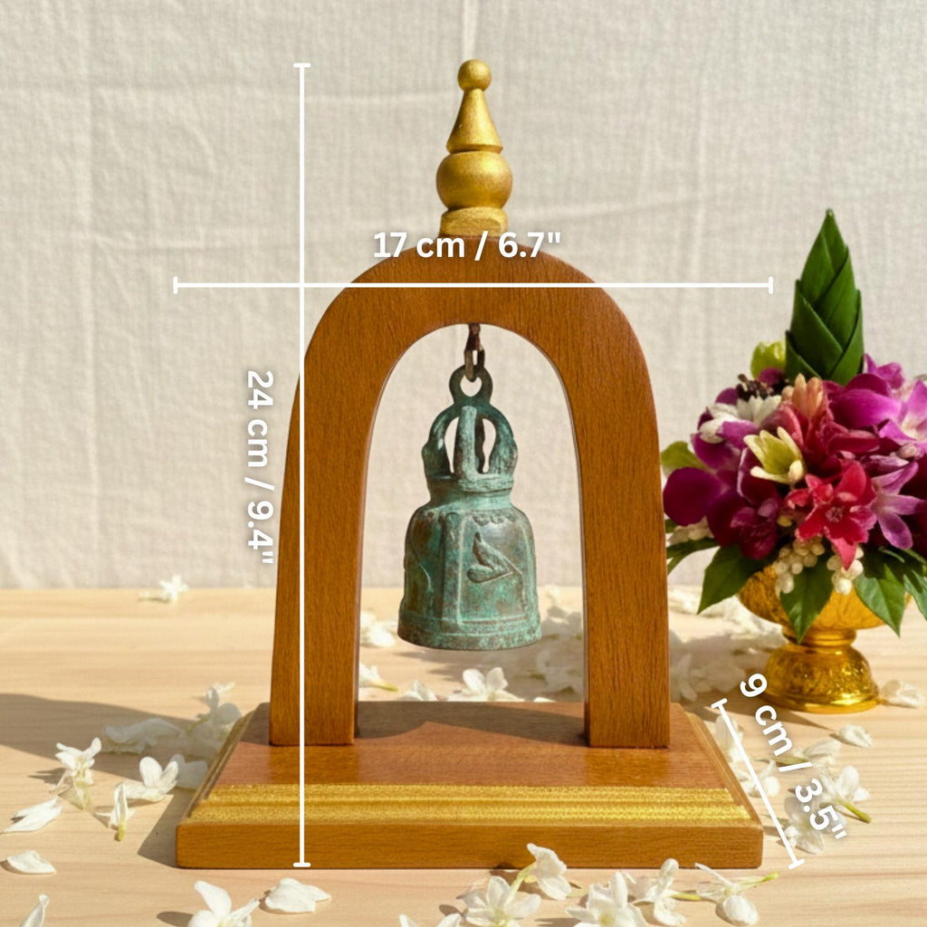 Handcrafted Wood Arch Bell Stand: Aged Brass Temple Bell Rustic Accent