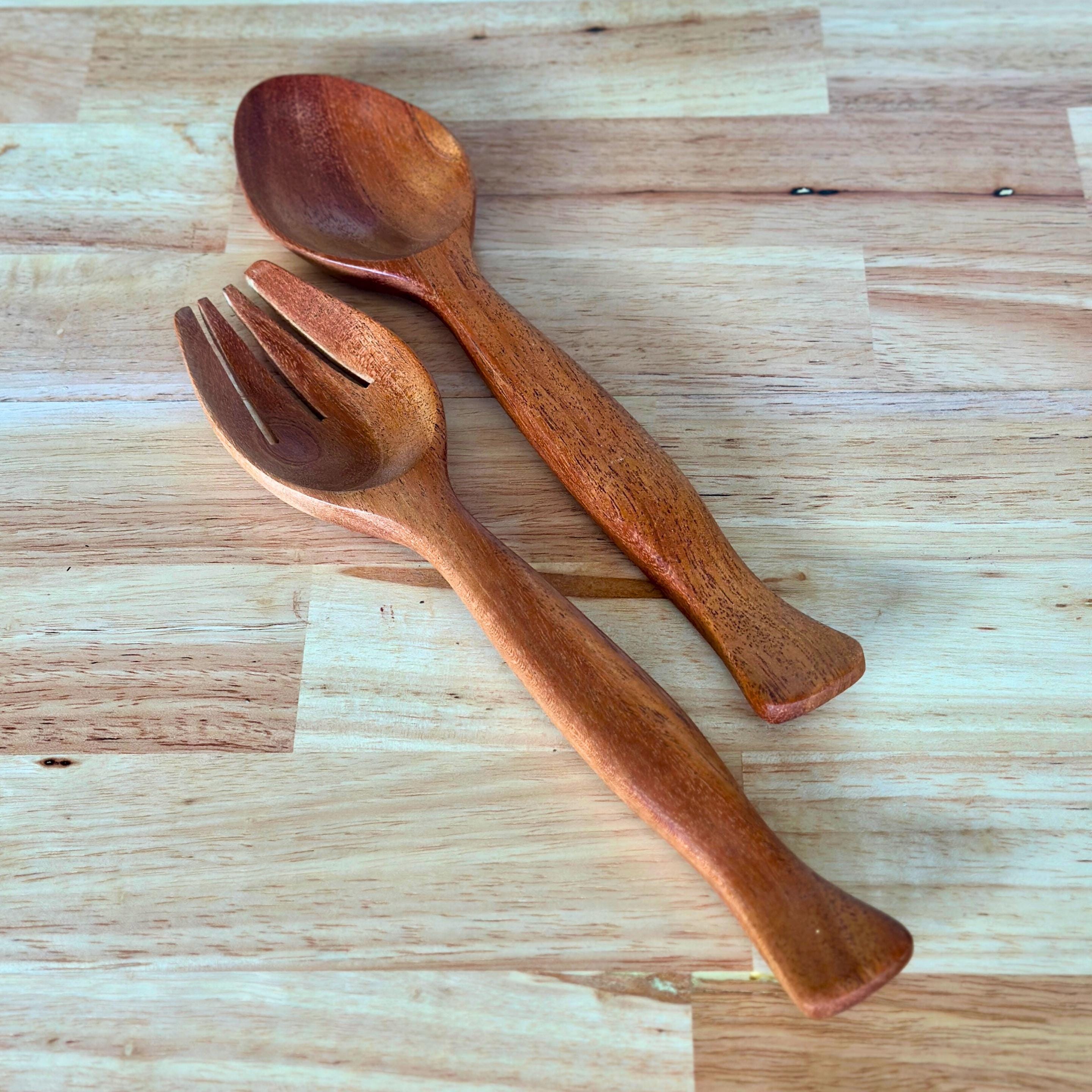 Hand Carved Wood Salad Tongs Serving Set: Rustic Upcycled Kitchen Utensils
