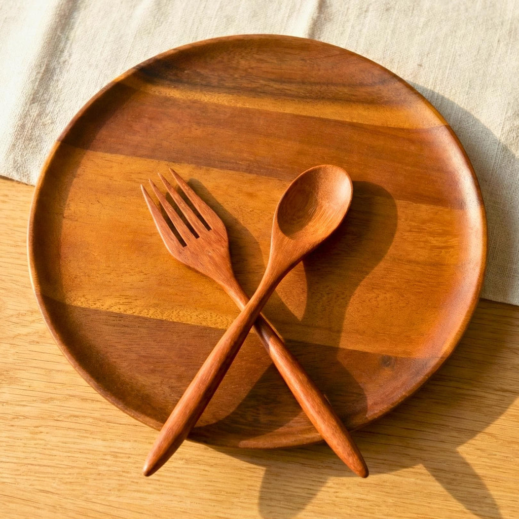 Hand Carved Upcycled Teak Wood Dinnerware Set: Rustic Plate, Fork & Spoon Trio
