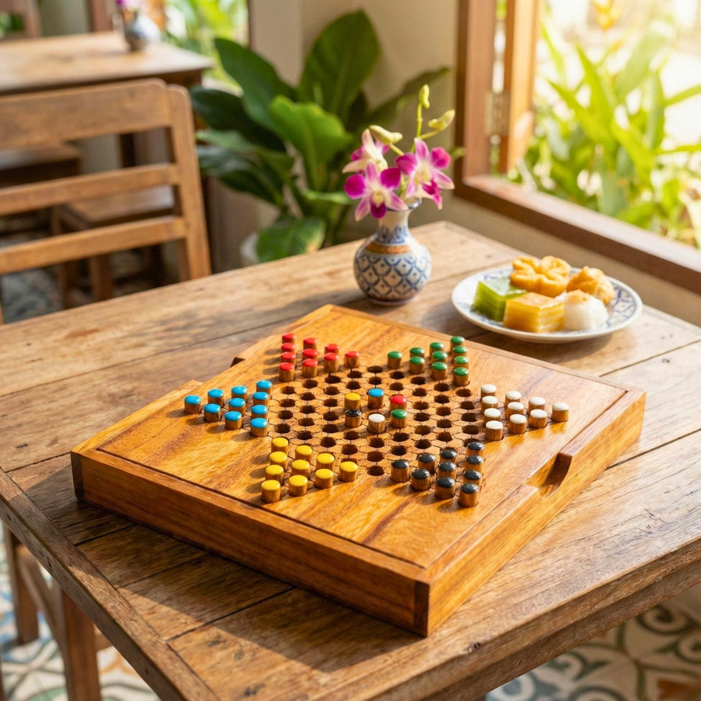 Hand Carved Wood Chinese Checkers Set: Rustic Portable Board Game, Toy & Puzzle