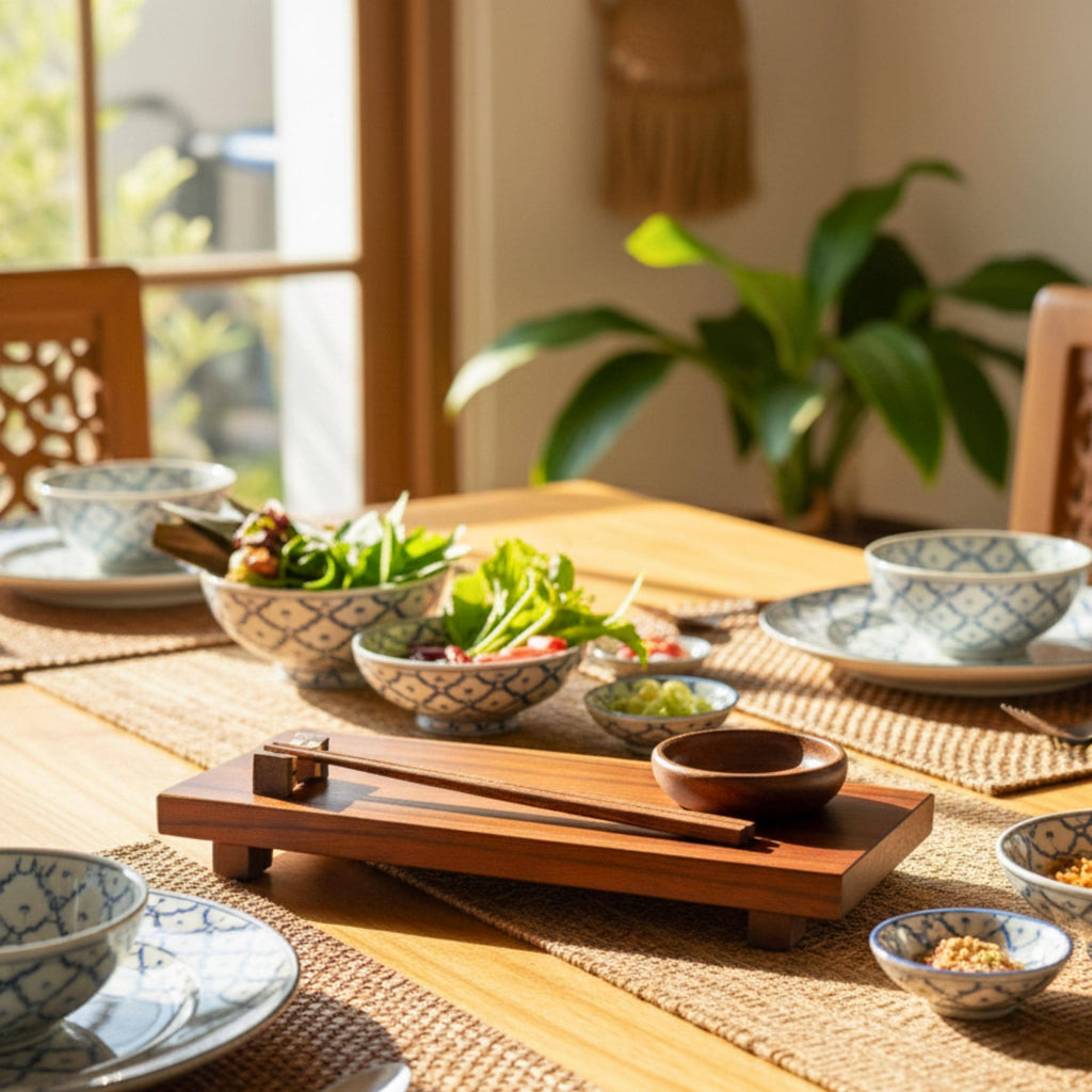 Hand Carved Wood Sushi Platter Set: Minimalist Japanese Tableware