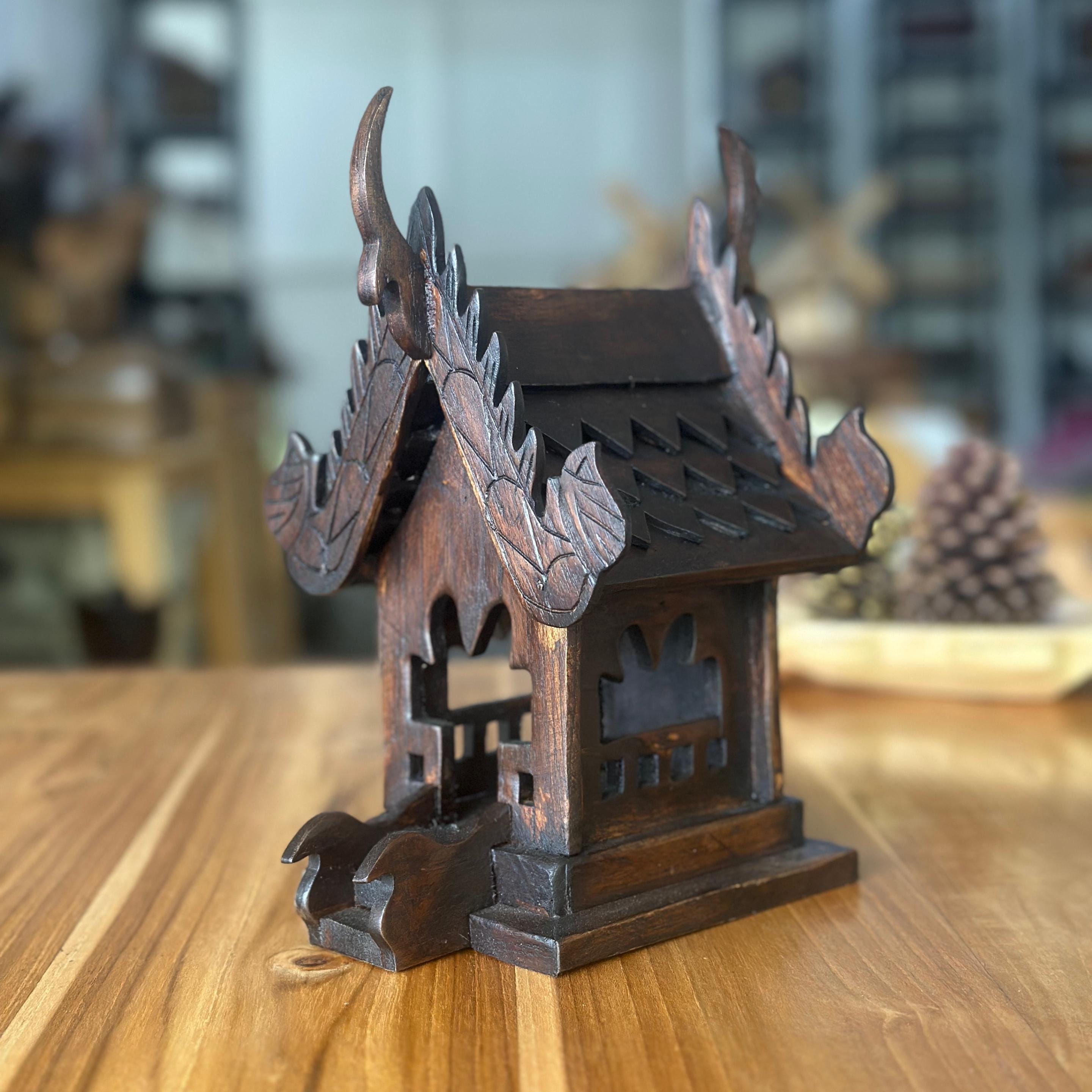 Hand Carved Teak Wood Spirit House Shrine: Traditional Thai Home Temple Decor
