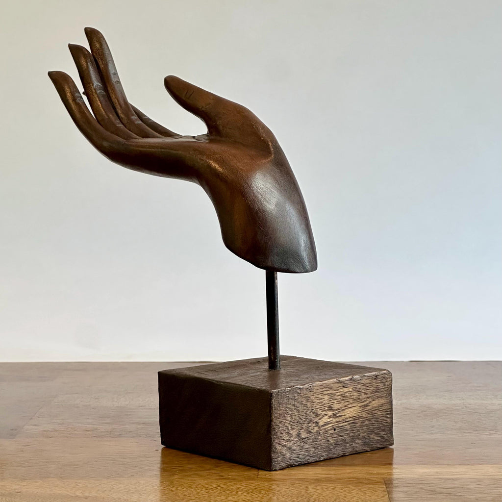 Vintage Hand Carved Acacia Wood Hand Mudra Sculpture: Thai Artisan Decor