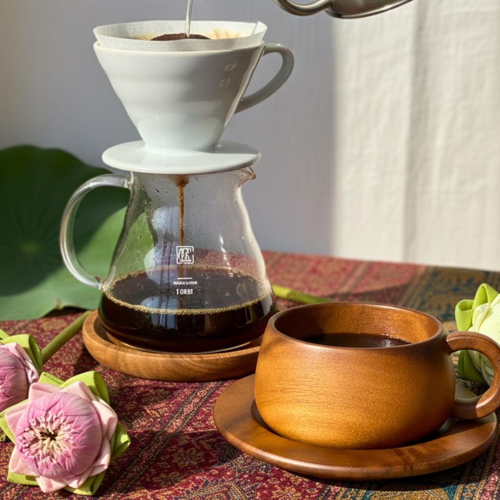 Hand Carved Wood Coffee Cup & Saucer: Rounded Minimalist Teaware Set