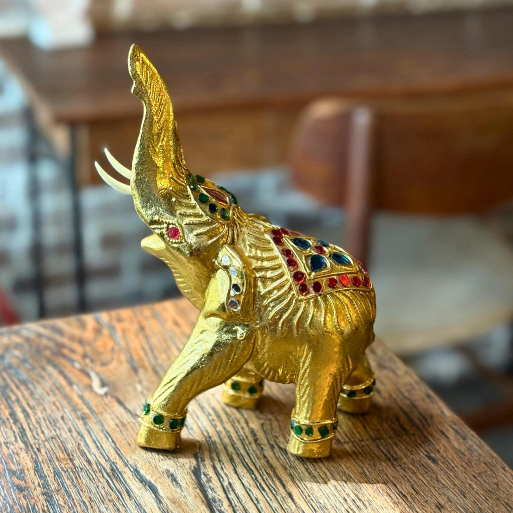 Golden Elephant Figurine, Thai Handcrafted Decor: Jeweled Lucky Elephant Statue, Cultural Home Accent