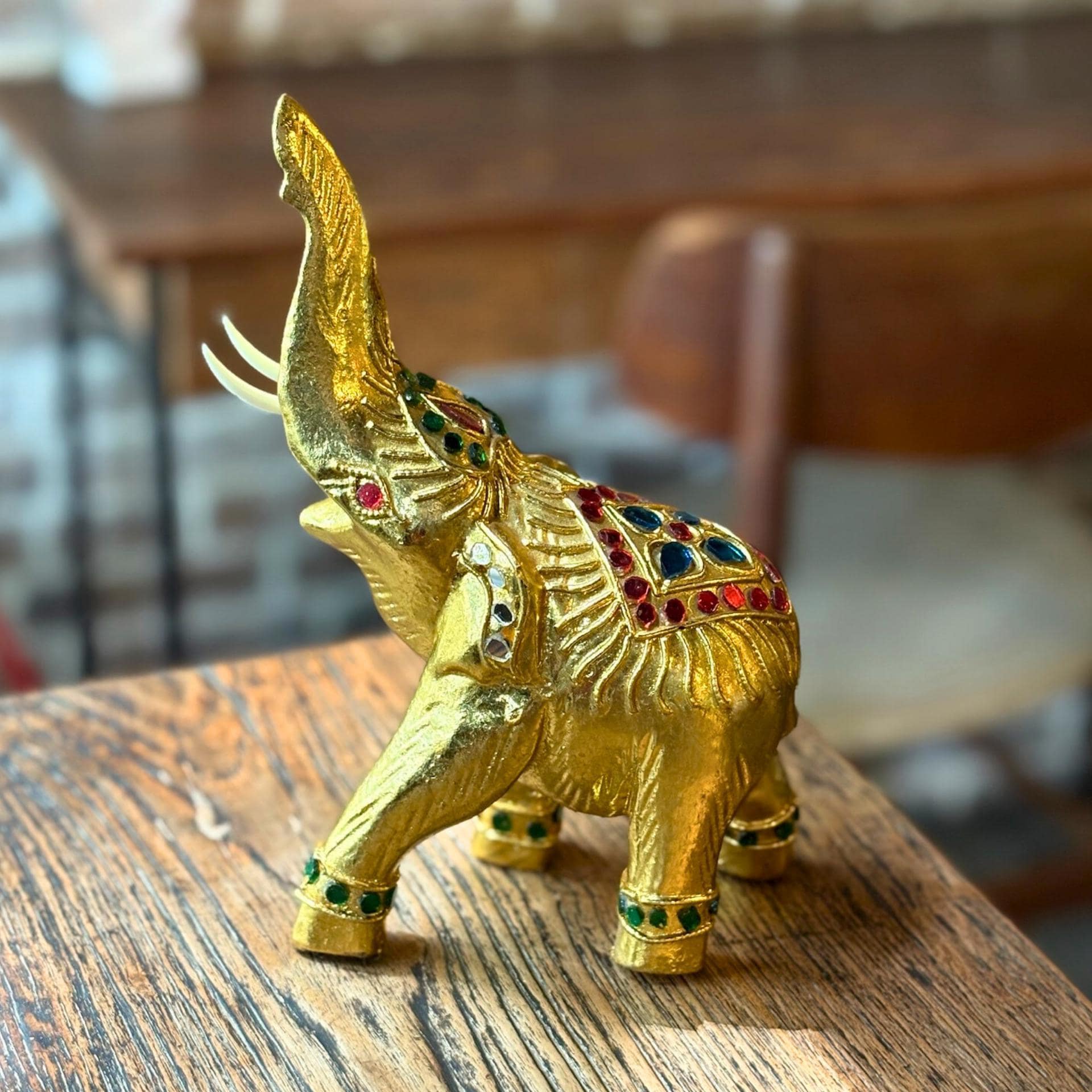 Golden Elephant Figurine, Thai Handcrafted Decor: Jeweled Lucky Elephant Statue, Cultural Home Accent