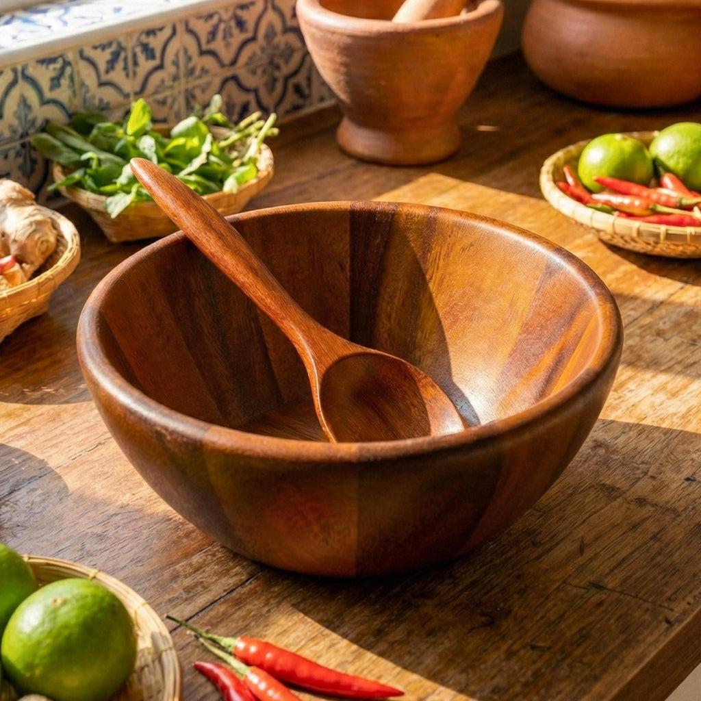 Hand Carved Acacia Wood Bowl & Spoon Set: Rustic Cereal and Soup Bowl