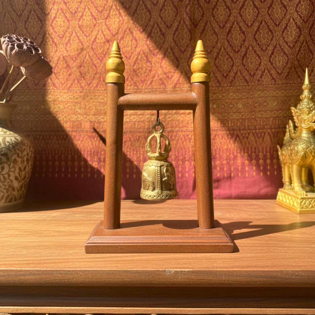 Hand Carved Teak Wood Single Bell Frame: Traditional & Serene Thai Altar Decor