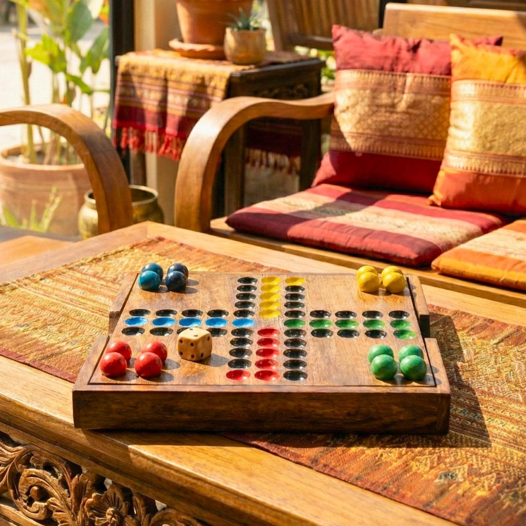 Handmade Acacia Wood Ludo Set with Wooden Marbles: 4 Player Traditional Game