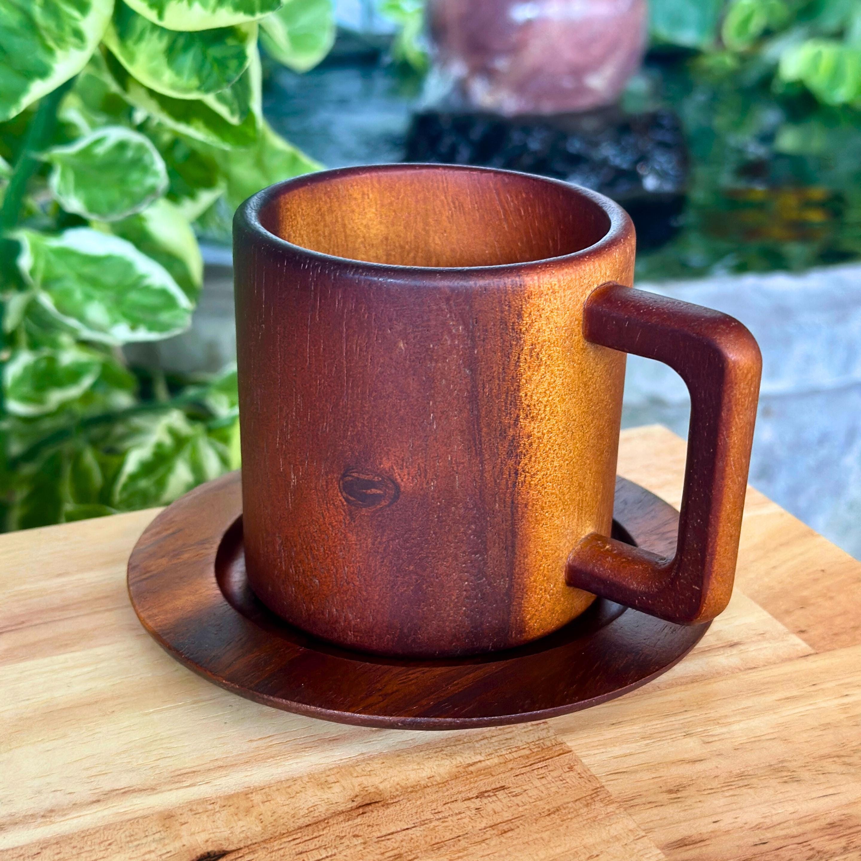 Hand Carved Wood Coffee Mug and Saucer Set: Rustic Teak Wood Teaware