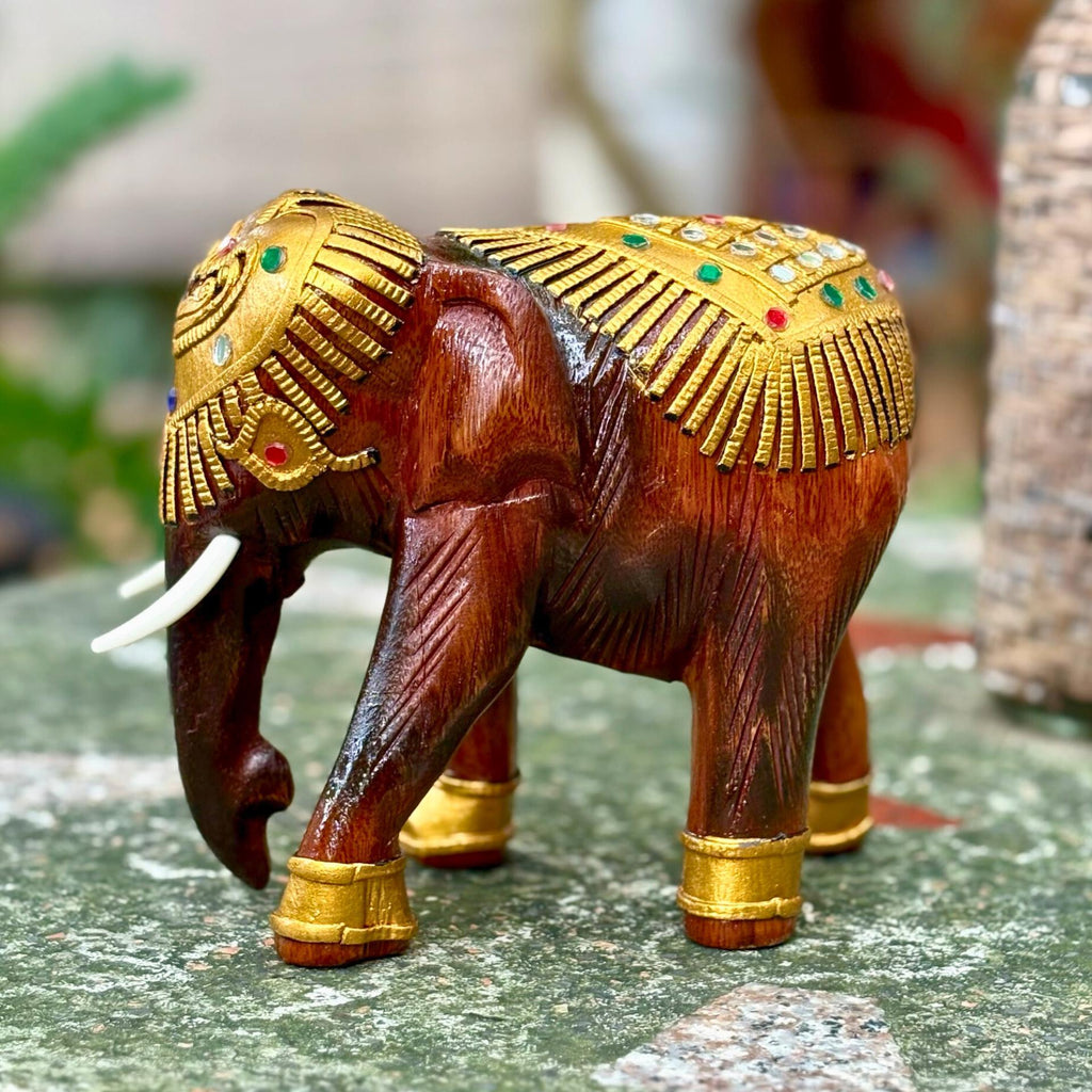 Wooden Elephant Sculpture, Handcarved Thai Decor: Golden Elephant Figurine, Cultural Folk Art Accent