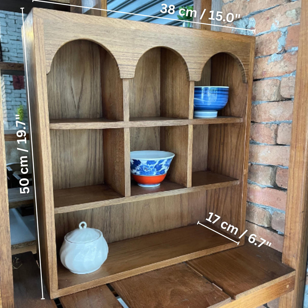 Teak Wood Arched Wall Shelf: Thai Niche Display with Mini Vessels
