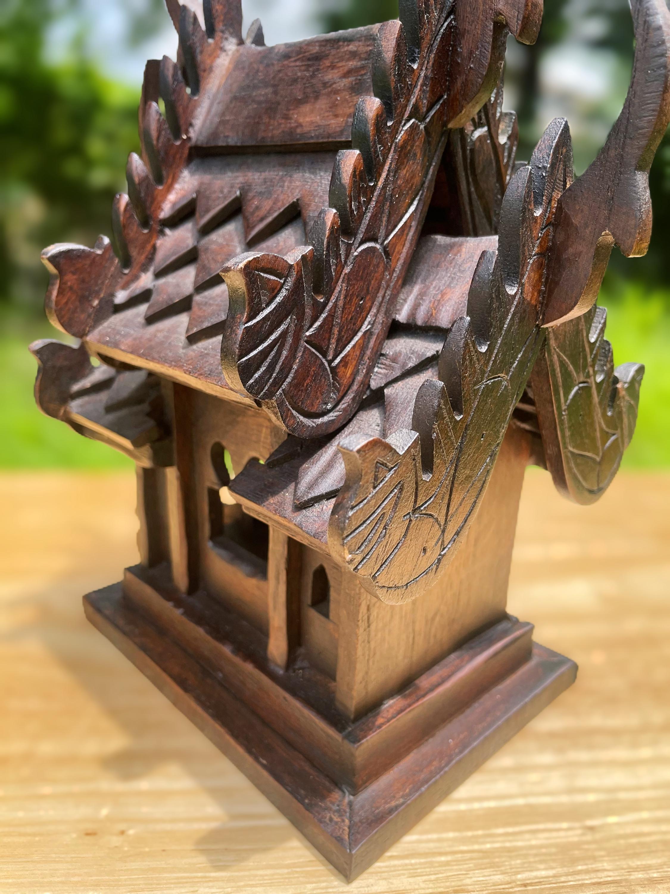 Handcrafted Teak Wood Spirit House: San Phra Phum Traditional Thai Folk Art Decor