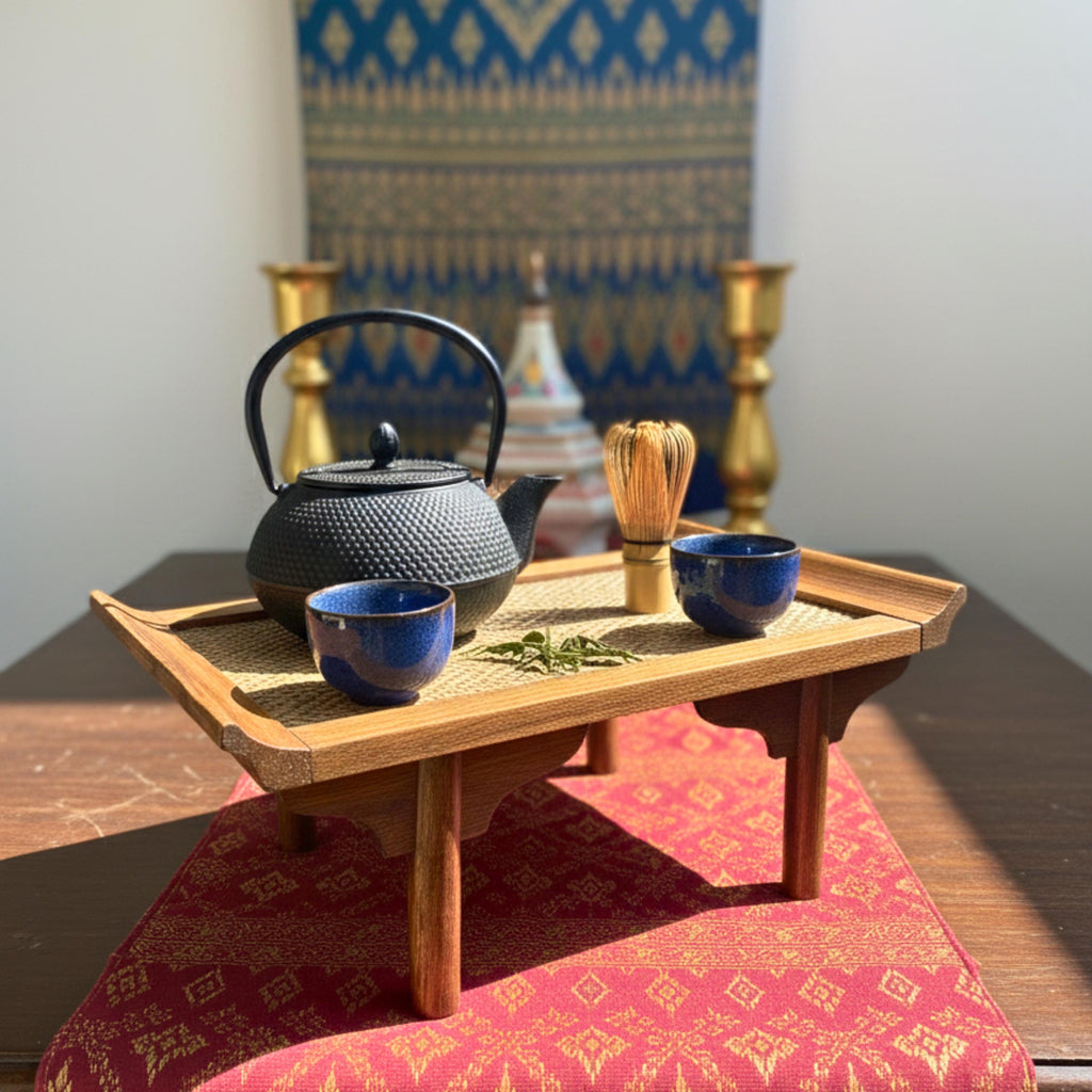 Handcrafted Wooden Altar Pedestal Tray: Woven Rattan Offering Stand