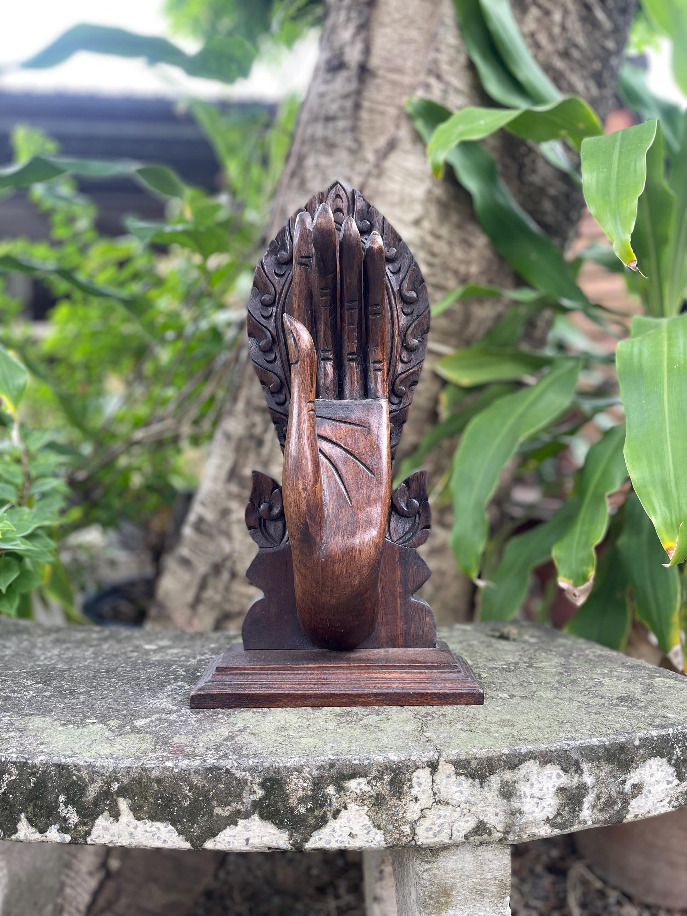 Hand Carved Wooden Hand Sculpture: Thai Zen Abhaya Mudra Art