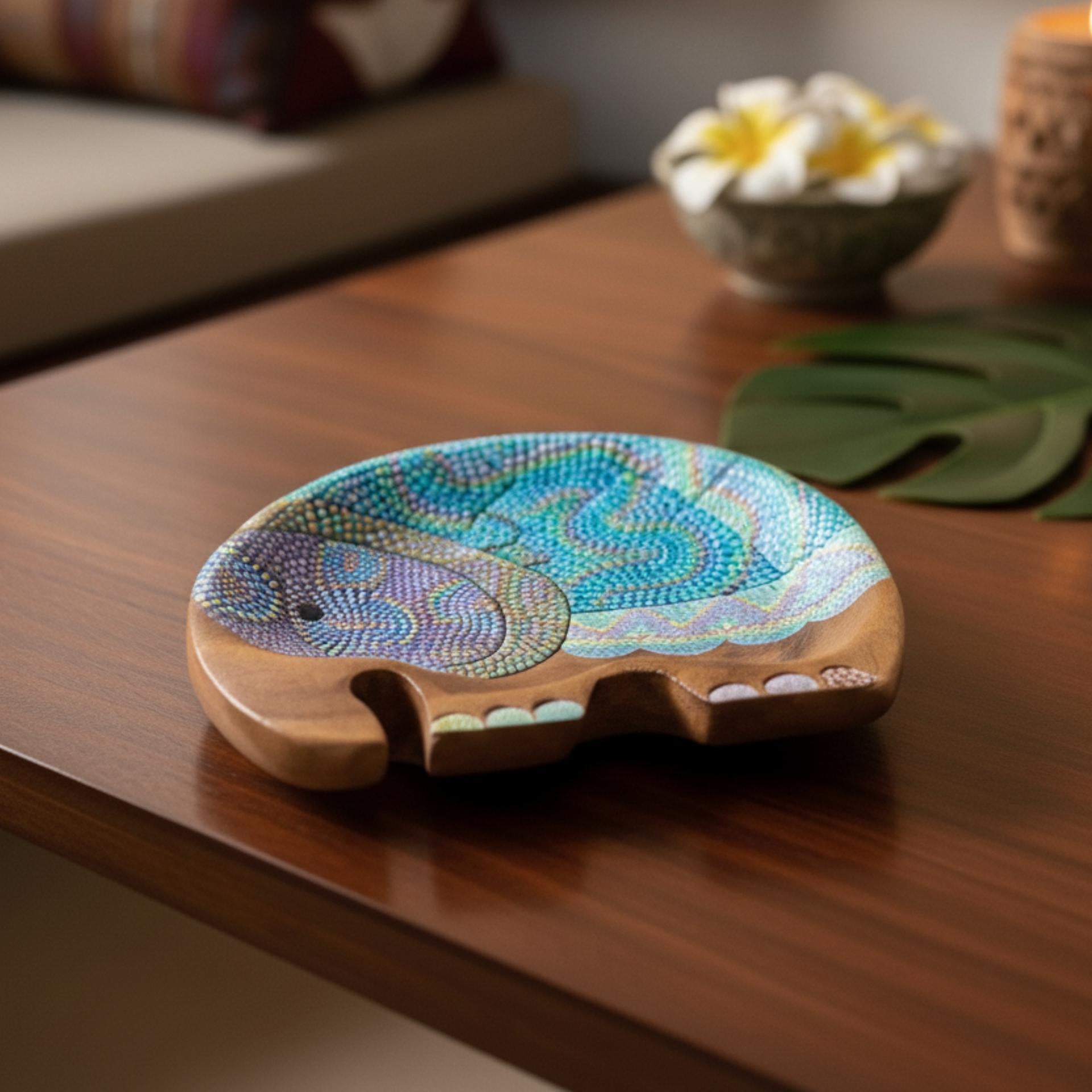 Hand Painted Wooden Elephant Plate Set of 2: Thai Folk Art Decor