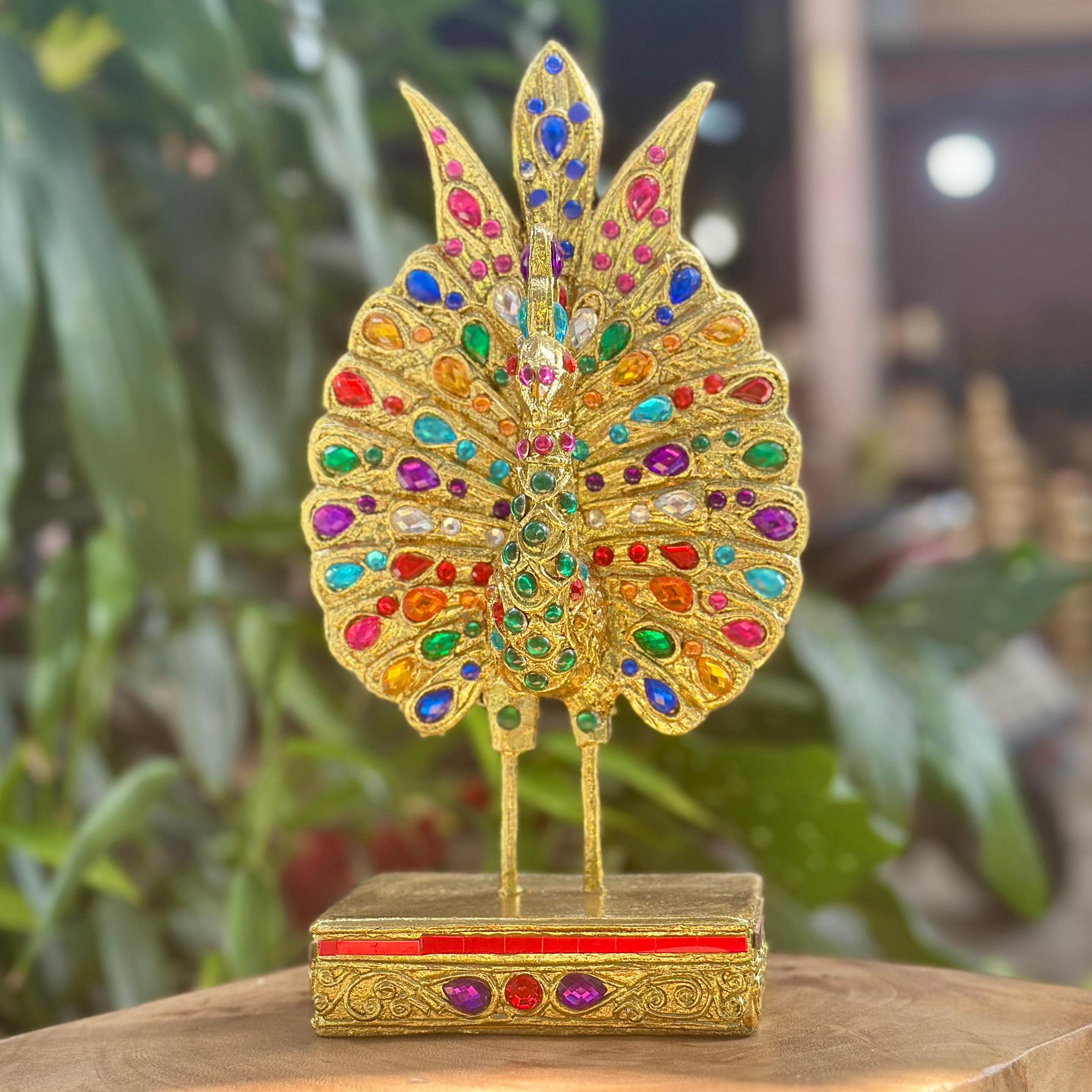 Jeweled Golden Peacock Figurine: Ornate Thai Home Decor