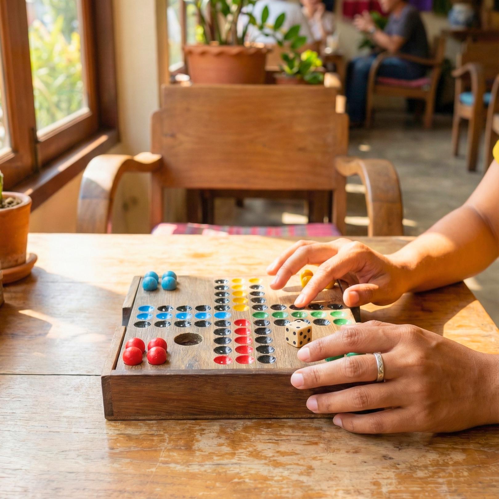 Handmade Acacia Wood Ludo Set with Wooden Marbles: 4 Player Traditional Game