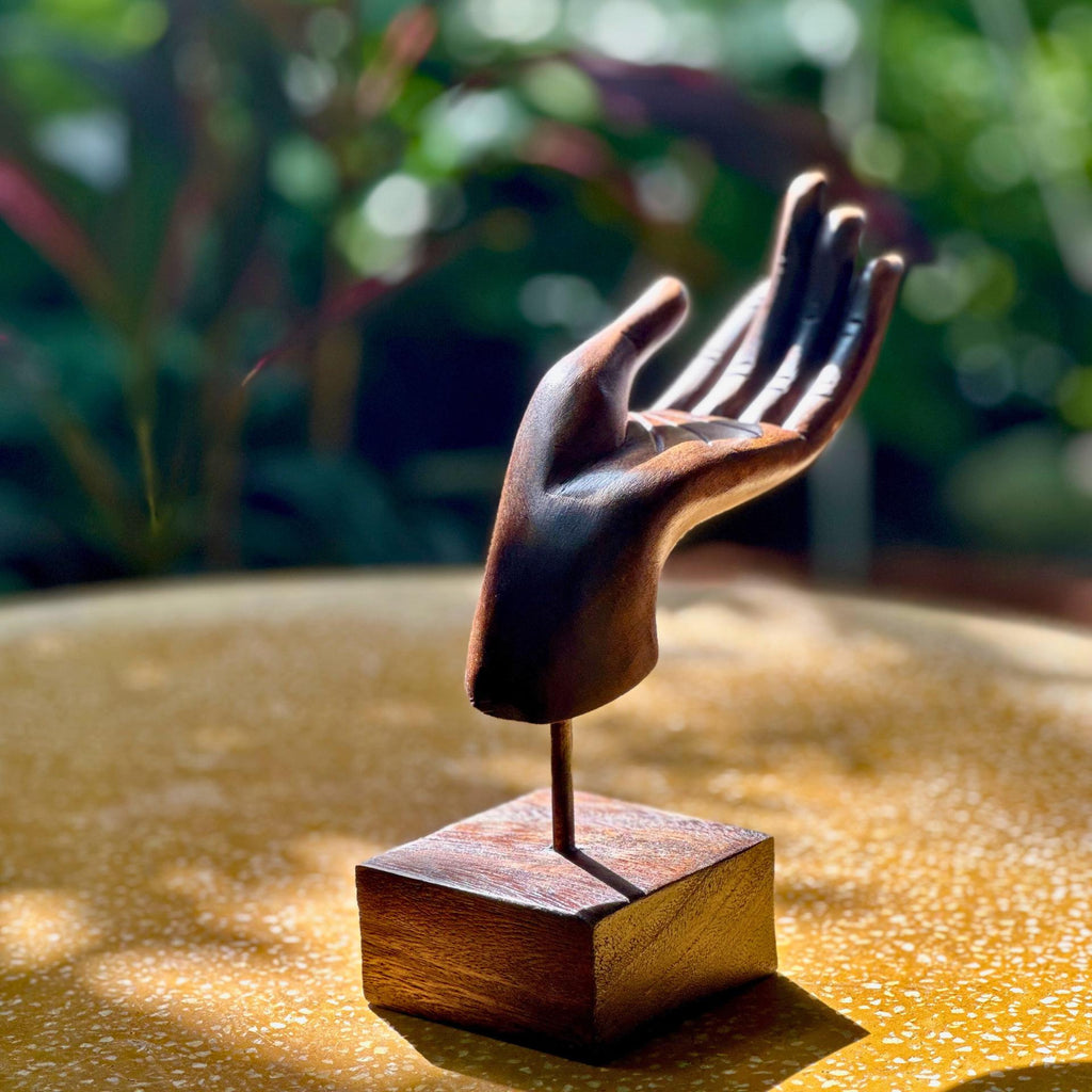 Vintage Hand Carved Acacia Wood Hand Mudra Sculpture: Thai Artisan Decor