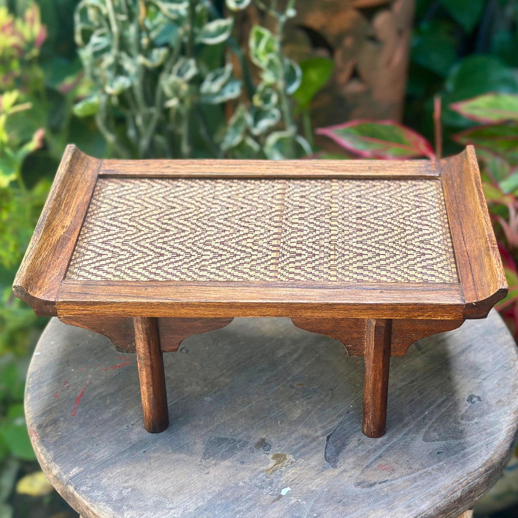 Handcrafted Wooden Altar Pedestal Tray: Woven Rattan Offering Stand