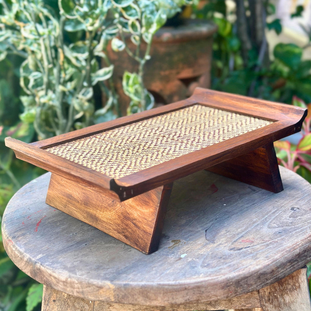 Handcrafted Hardwood Serving Tray: Woven Rattan Elevated Riser for Serving & Tea Set Display