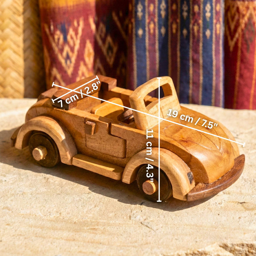Hand Carved Wood Model Beetle Car: Vintage Automobile Desk Decor