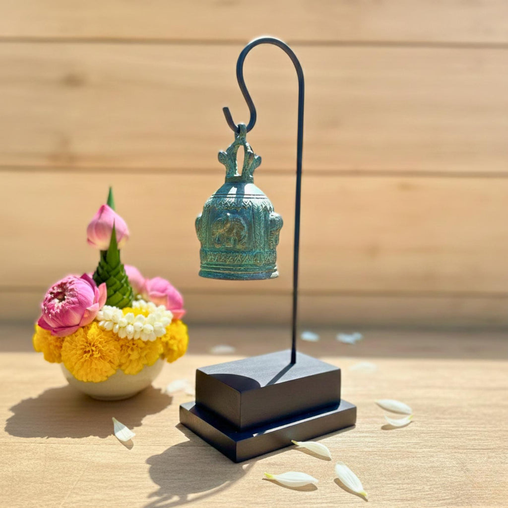 Minimalist Metal Bell Stand: Antique Patina Temple Bell Modern Decor