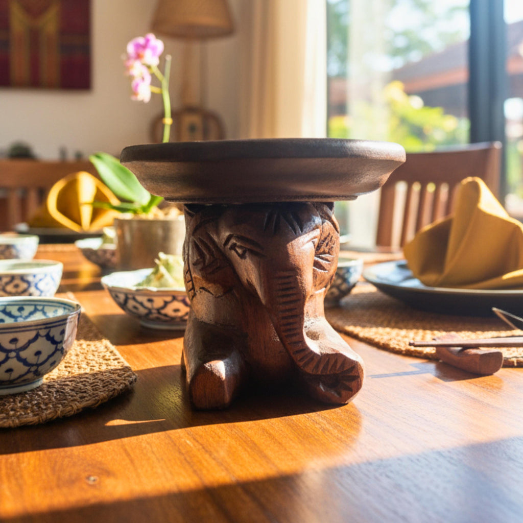 Hand Carved Elephant Pedestal Dish: Wood Soap Holder Spa Accessory